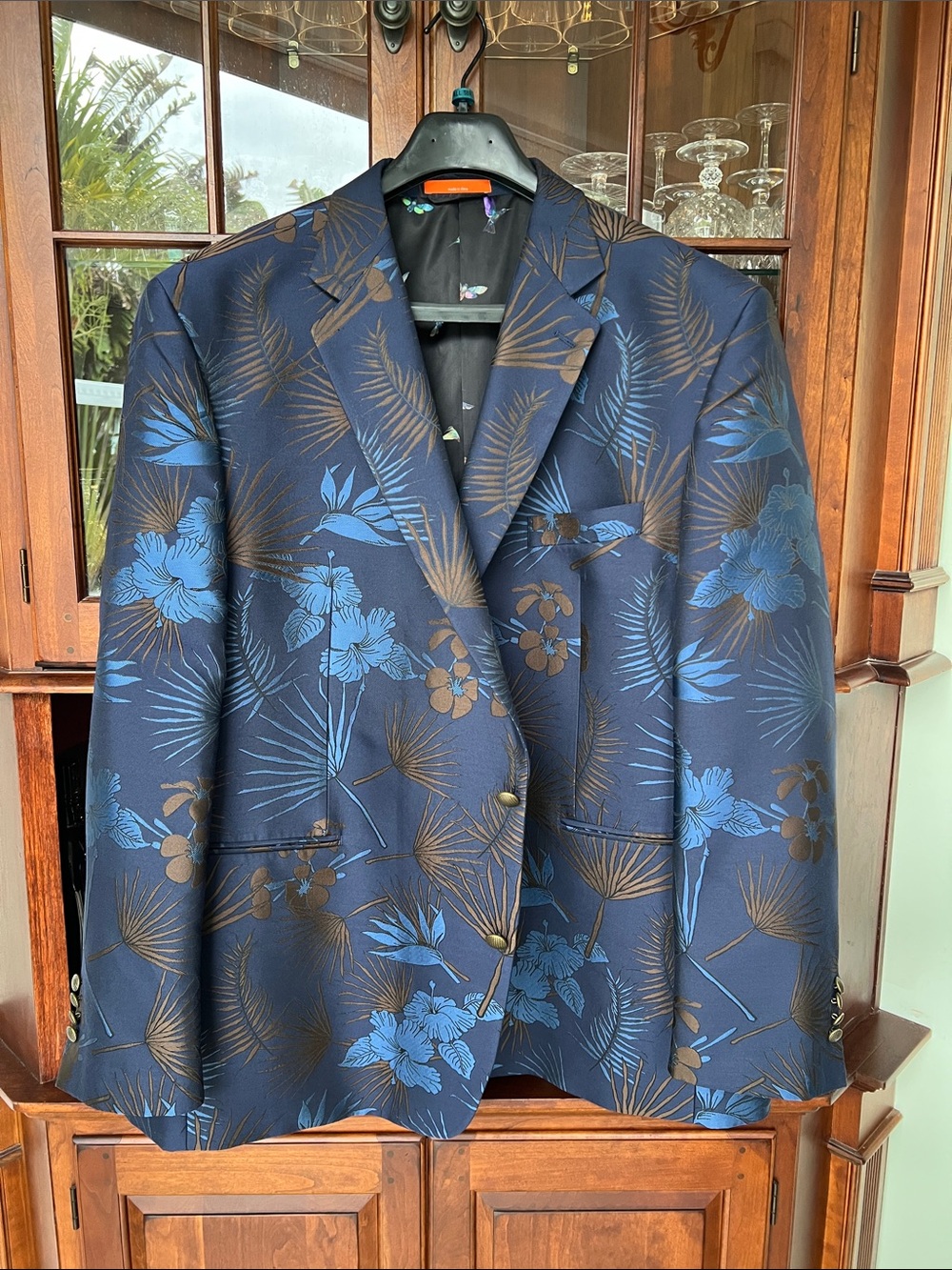 TALLIA Navy Blazer with Blue and Brown Floral Woven Fabric